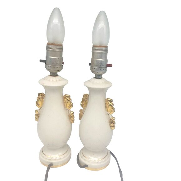 Vintage Glazed Gilded Porcelain Lamp Pair, Table Lighting Decor, Classic French - Picture 3 of 4